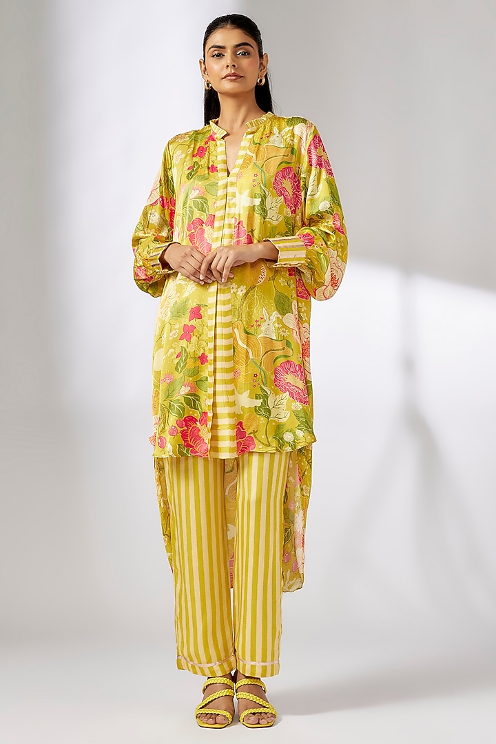 Yellow Satin Floral Printed High-Low Tunic Set by GOPI VAID at Pernia's Pop Up Shop