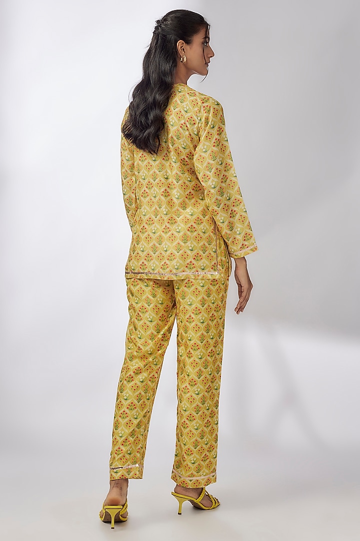 Yellow Satin Printed & Embroidered Co-Ord Set by GOPI VAID at Pernia's Pop Up Shop
