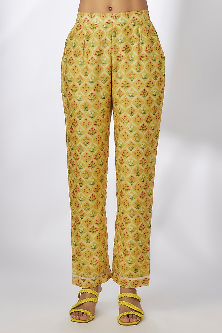 Yellow Satin Printed & Embroidered Co-Ord Set by GOPI VAID at Pernia's Pop Up Shop