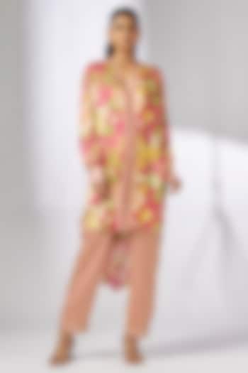 Pink Satin Floral Printed High-Low Tunic Set by GOPI VAID at Pernia's Pop Up Shop