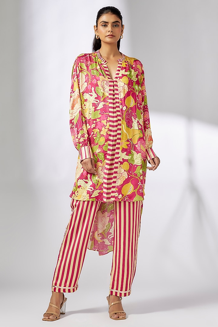 Pink Satin Floral Printed High-Low Tunic Set by GOPI VAID at Pernia's Pop Up Shop
