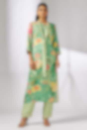 Green Satin Floral Printed Tunic Set by GOPI VAID at Pernia's Pop Up Shop