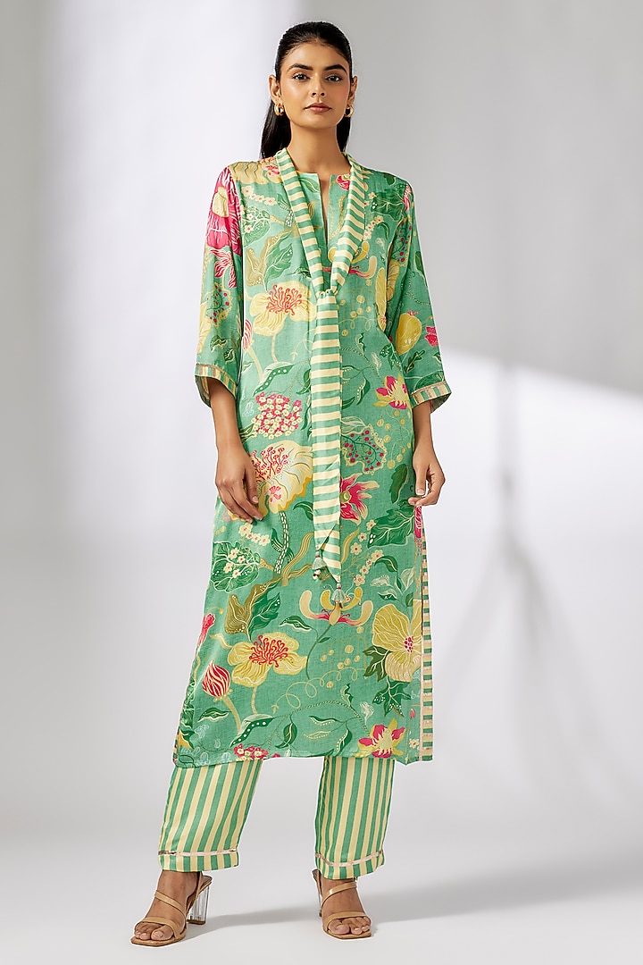 Green Satin Floral Printed Tunic Set by GOPI VAID at Pernia's Pop Up Shop