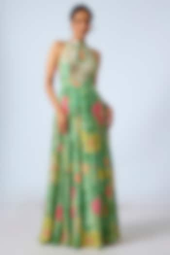 Green Satin Floral Printed Gown by GOPI VAID at Pernia's Pop Up Shop