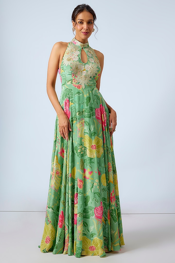 Green Satin Floral Printed Gown by GOPI VAID at Pernia's Pop Up Shop