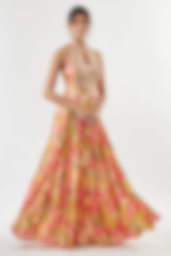 Pink Satin Printed Halter Engagement Gown by GOPI VAID at Pernia's Pop Up Shop