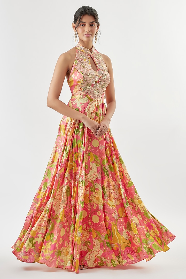 Pink Satin Printed Halter Engagement Gown by GOPI VAID at Pernia's Pop Up Shop