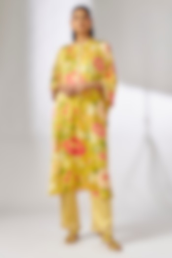 Yellow Satin Floral Printed Kaftan Set by GOPI VAID at Pernia's Pop Up Shop