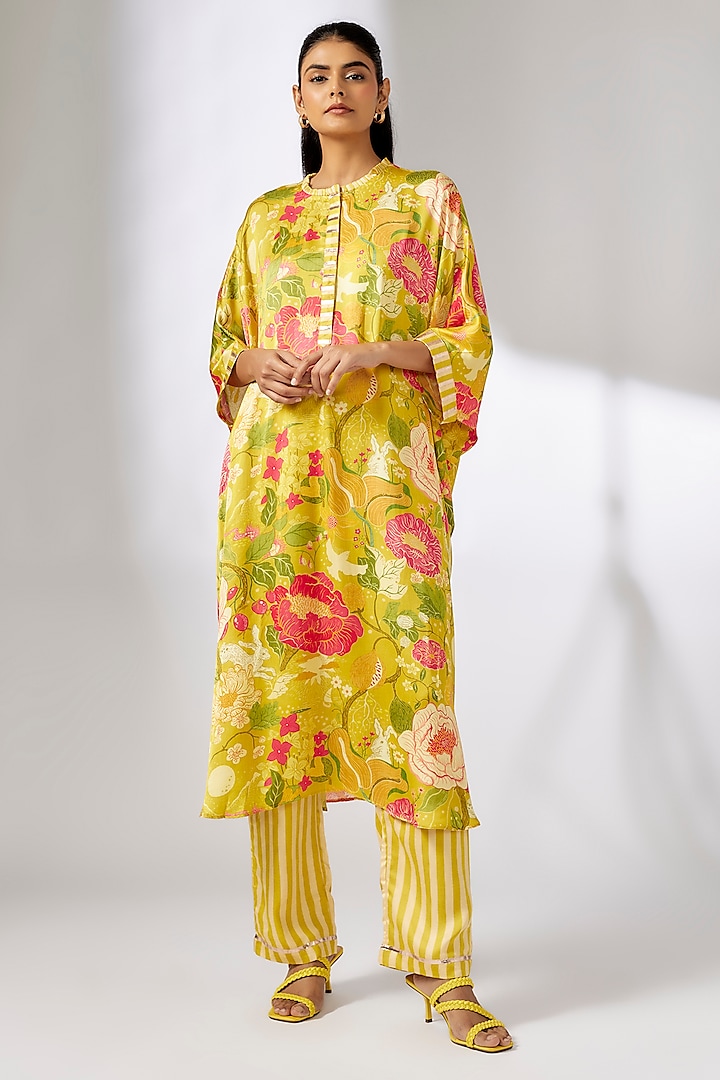 Yellow Satin Floral Printed Kaftan Set by GOPI VAID at Pernia's Pop Up Shop