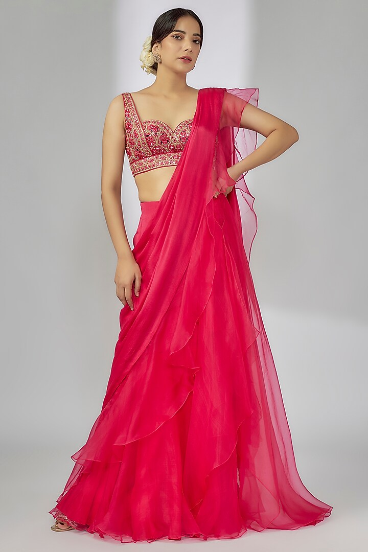 Pink Chiffon & Organza Ruffled Reception Saree Set by GOPI VAID at Pernia's Pop Up Shop