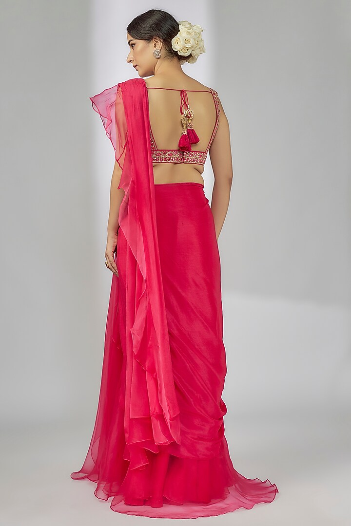 Pink Chiffon & Organza Ruffled Reception Saree Set by GOPI VAID at Pernia's Pop Up Shop