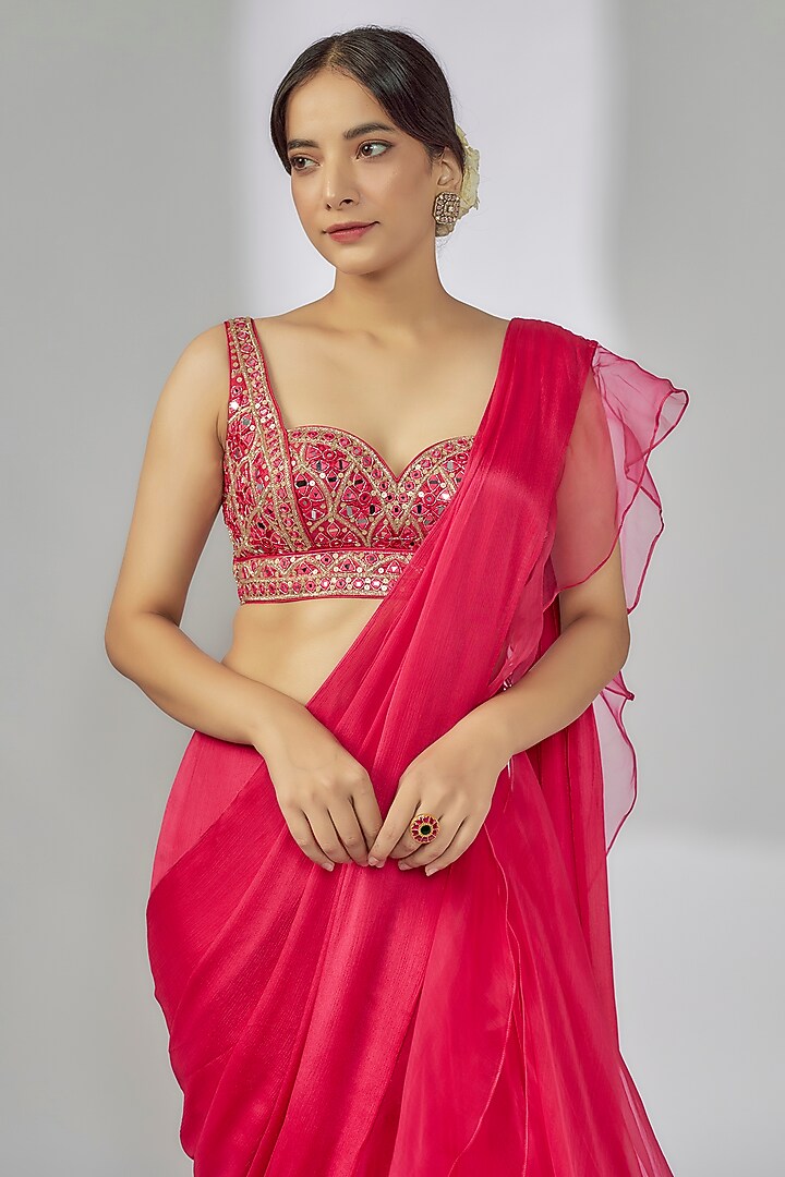 Pink Chiffon & Organza Ruffled Reception Saree Set by GOPI VAID at Pernia's Pop Up Shop