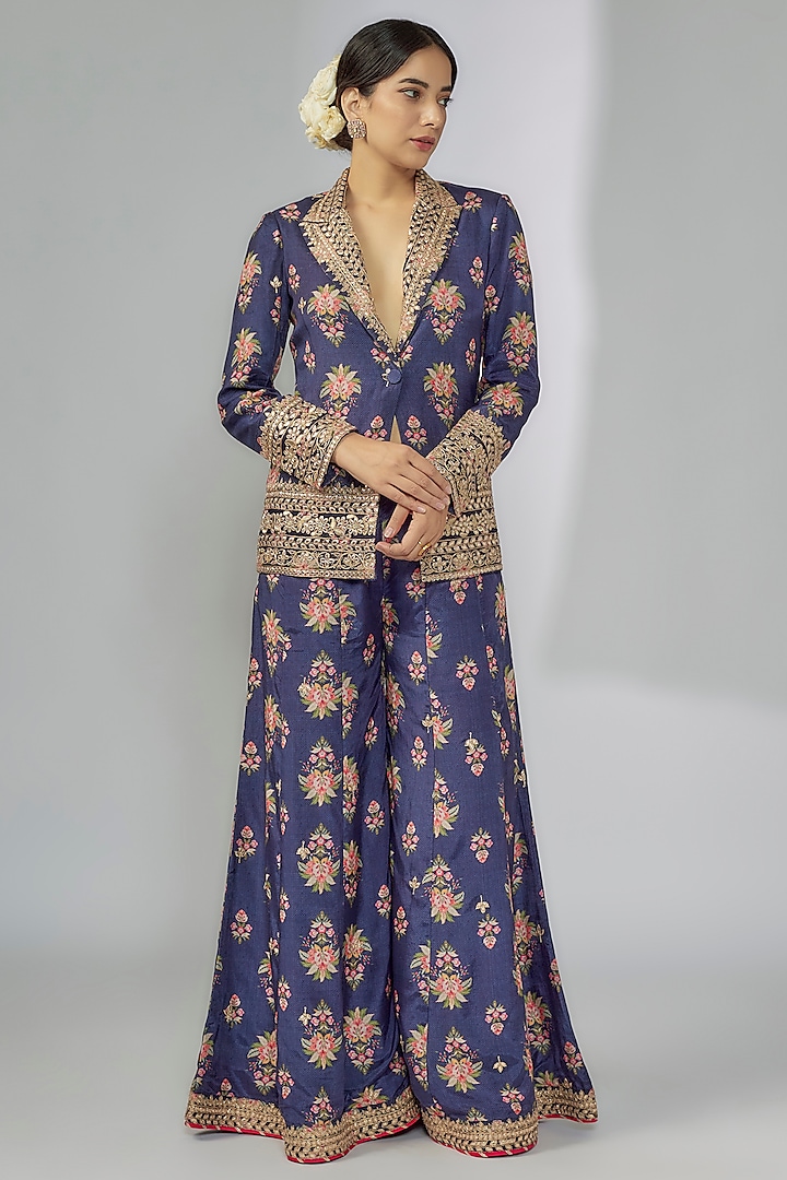 Blue Cotton Silk Printed Blazer Set by Gopi Vaid at Pernia's Pop Up Shop