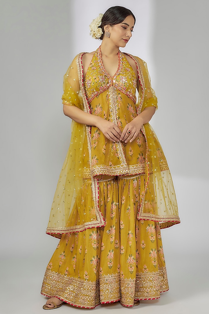 Yellow Cotton Silk Sharara Set by Gopi Vaid at Pernia's Pop Up Shop