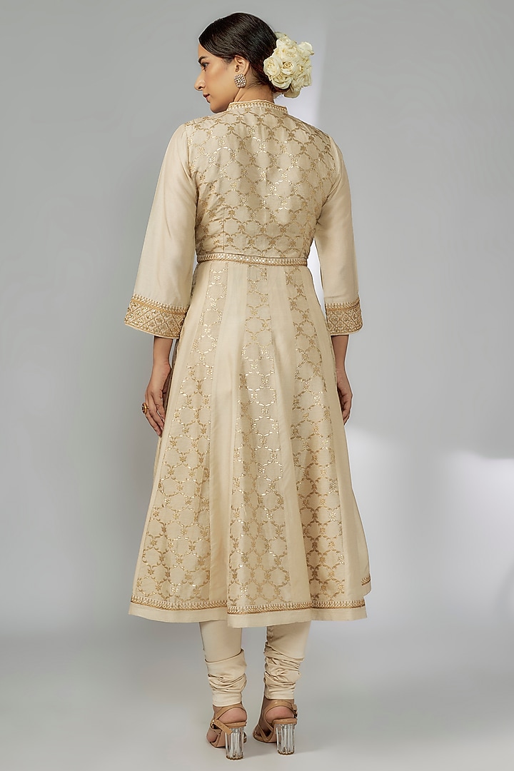 Beige Brocade & Tussar Marodi Embroidered Wedding Anarkali Set by GOPI VAID at Pernia's Pop Up Shop
