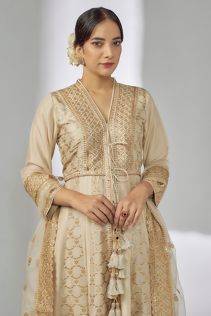Beige Brocade & Tussar Marodi Embroidered Wedding Anarkali Set by GOPI VAID at Pernia's Pop Up Shop