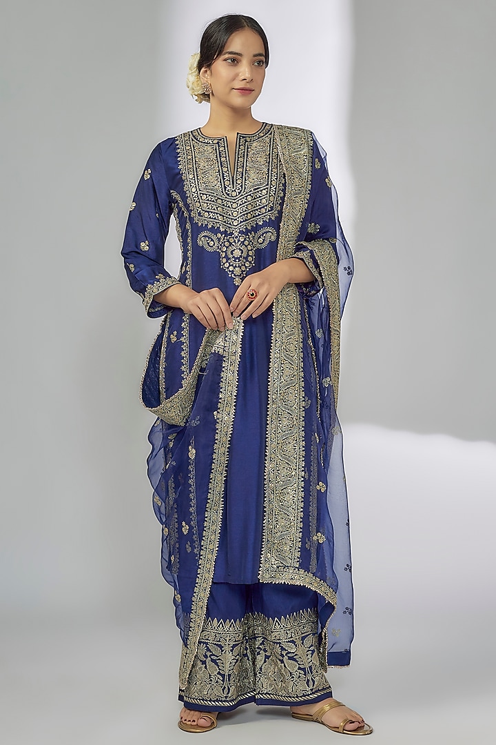 Blue Cotton Silk Embroidered Kurta Set by Gopi Vaid