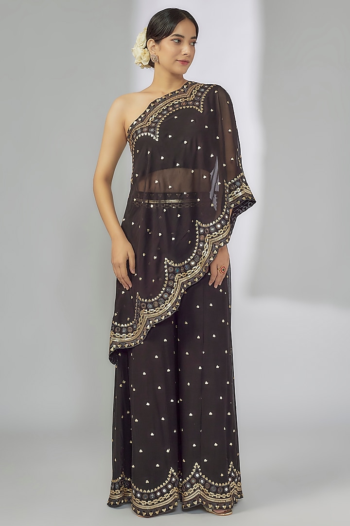 Black Georgette Mirror Embroidered One-Shoulder Kurta Set by Gopi Vaid