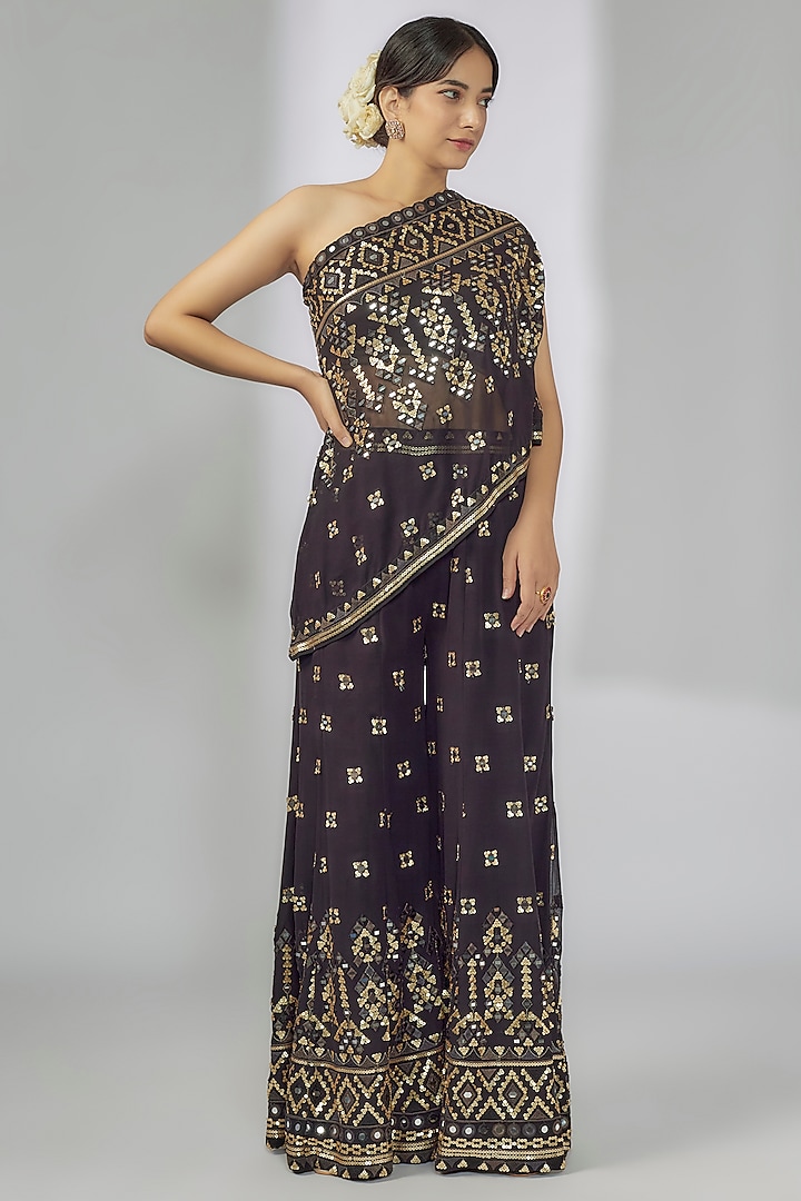 Black Georgette Mirror Embroidered One-Shoulder Kurta Set by Gopi Vaid