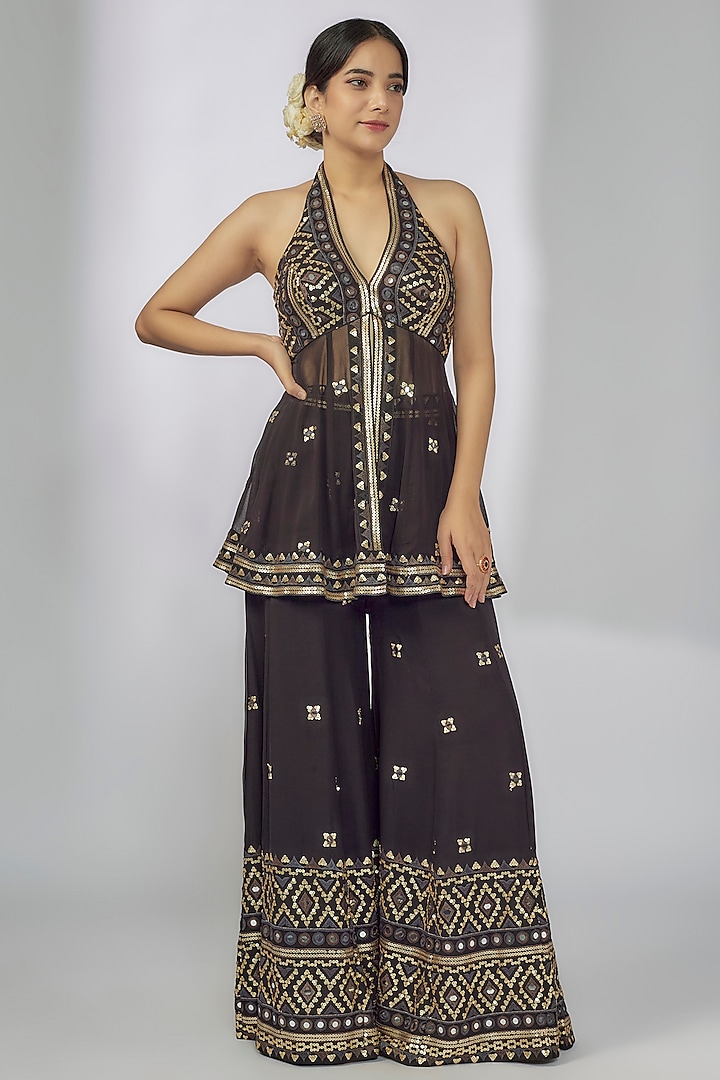 Black Georgette Mirror Embroidered Halter Kurta Set by Gopi Vaid