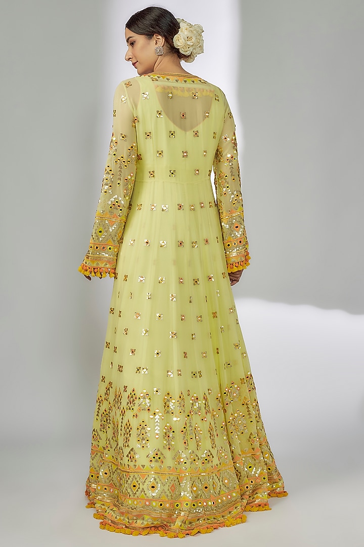 Yellow Georgette Mirror & Thread Embroidered Wedding Anarkali Set by GOPI VAID at Pernia's Pop Up Shop