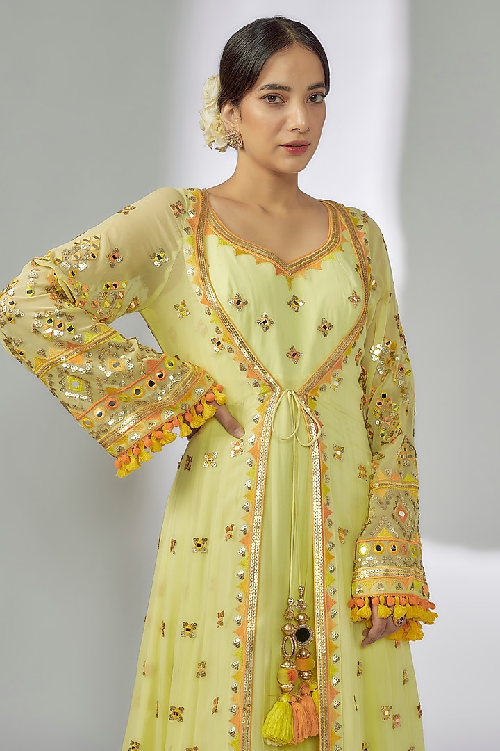 Yellow Georgette Mirror & Thread Embroidered Wedding Anarkali Set by GOPI VAID at Pernia's Pop Up Shop
