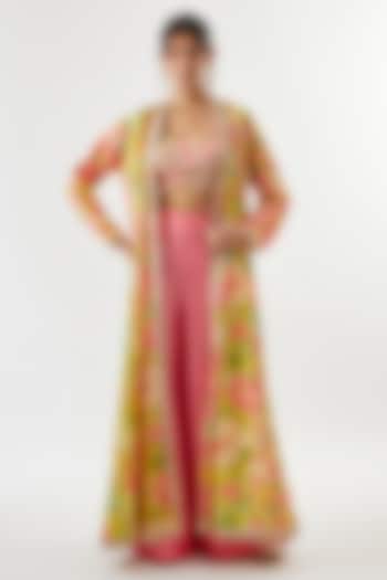 Multi-Colored Tussar Floral Printed Cape Set by GOPI VAID at Pernia's Pop Up Shop