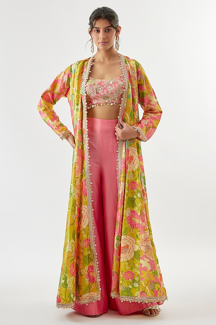 Multi-Colored Tussar Floral Printed Cape Set by GOPI VAID at Pernia's Pop Up Shop