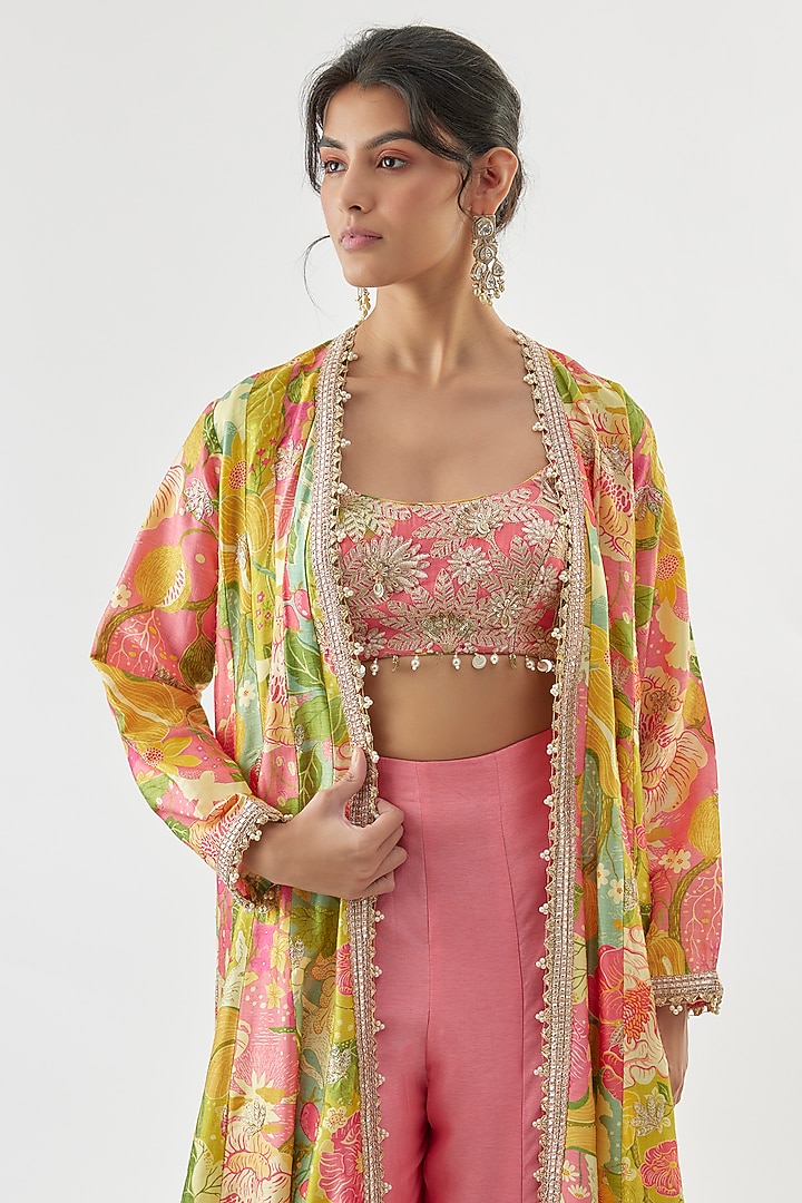 Multi-Colored Tussar Floral Printed Cape Set by GOPI VAID at Pernia's Pop Up Shop