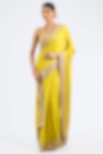 Yellow Chiffon Embroidered Draped Wedding Saree Set by GOPI VAID at Pernia's Pop Up Shop