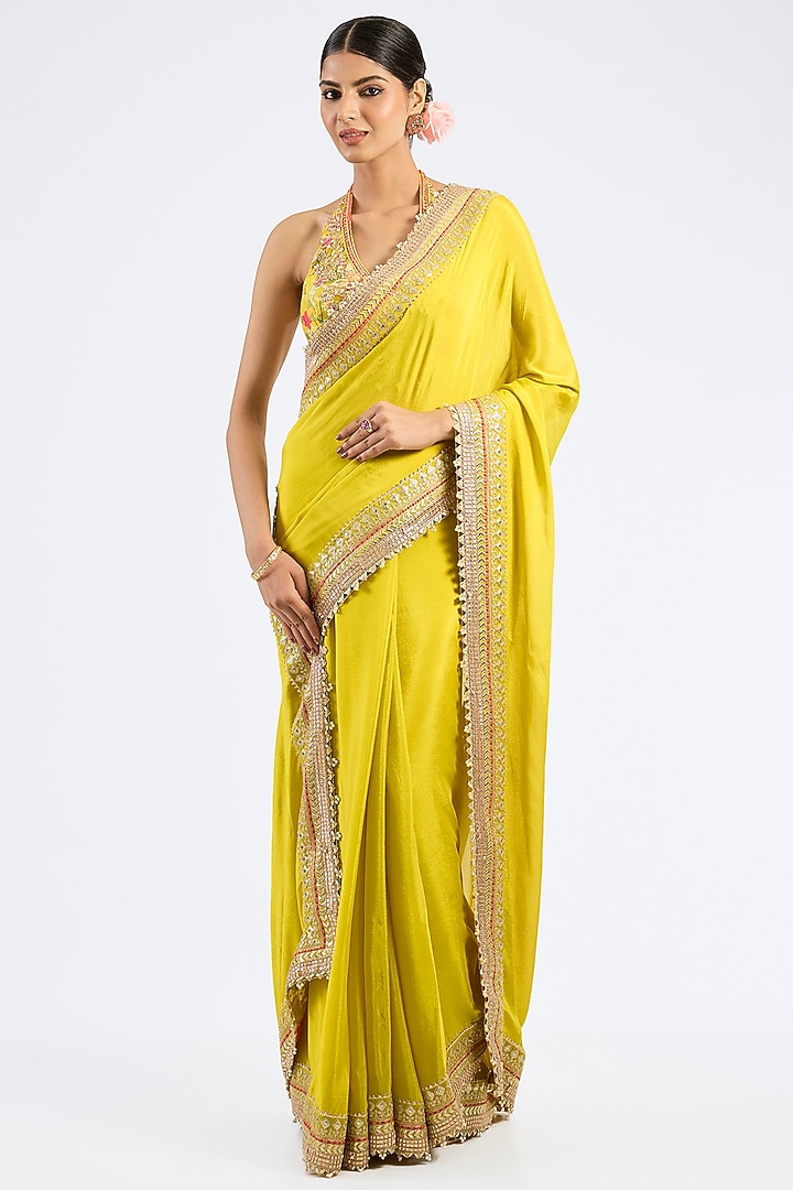 Yellow Chiffon Embroidered Draped Wedding Saree Set by GOPI VAID at Pernia's Pop Up Shop