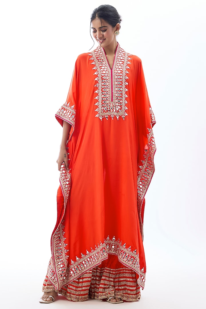 Orange Crepe Embroidered Kaftan Set by GOPI VAID at Pernia's Pop Up Shop