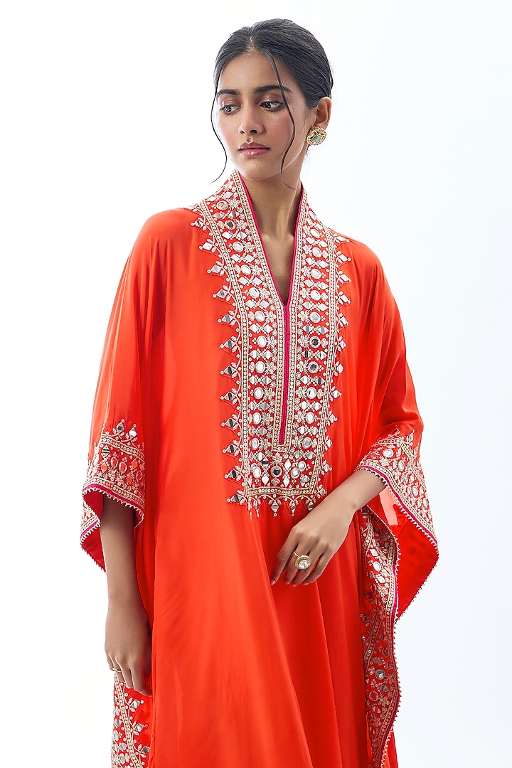 Orange Crepe Embroidered Kaftan Set by GOPI VAID at Pernia's Pop Up Shop
