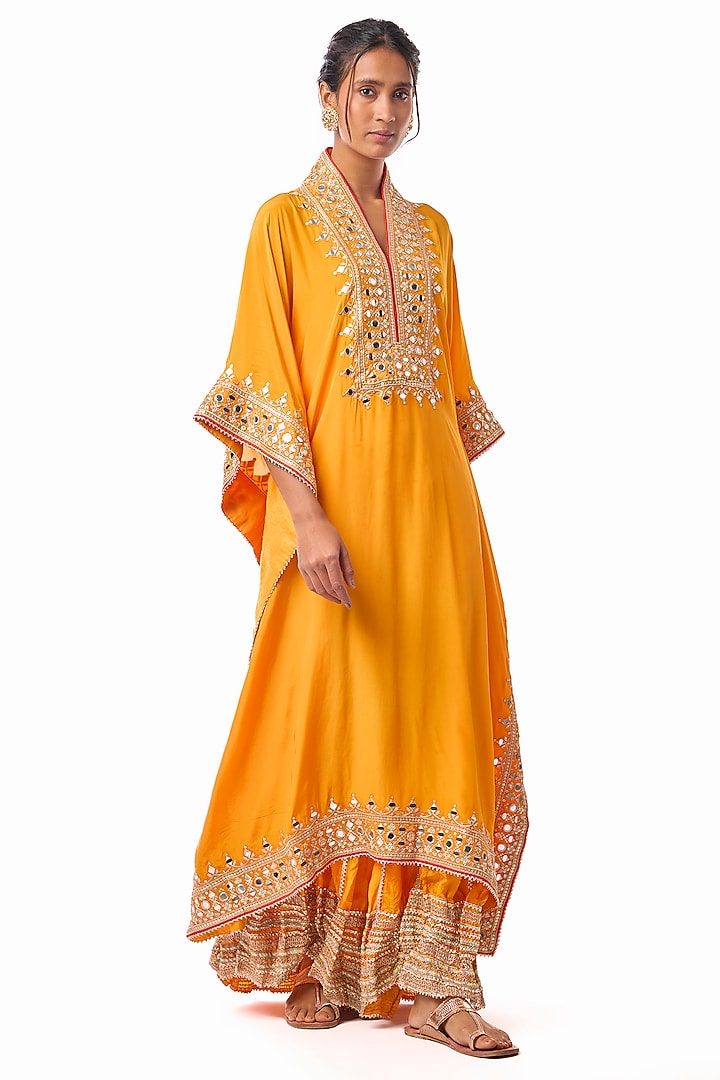 Yellow Crepe Embroidered Kaftan Set by GOPI VAID at Pernia's Pop Up Shop
