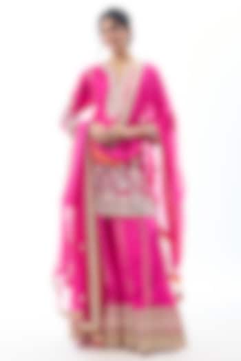 Pink Raw Silk Embroidered Wedding Sharara Set by GOPI VAID at Pernia's Pop Up Shop