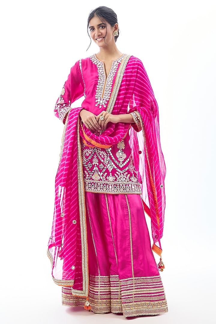 Pink Raw Silk Embroidered Wedding Sharara Set by GOPI VAID at Pernia's Pop Up Shop