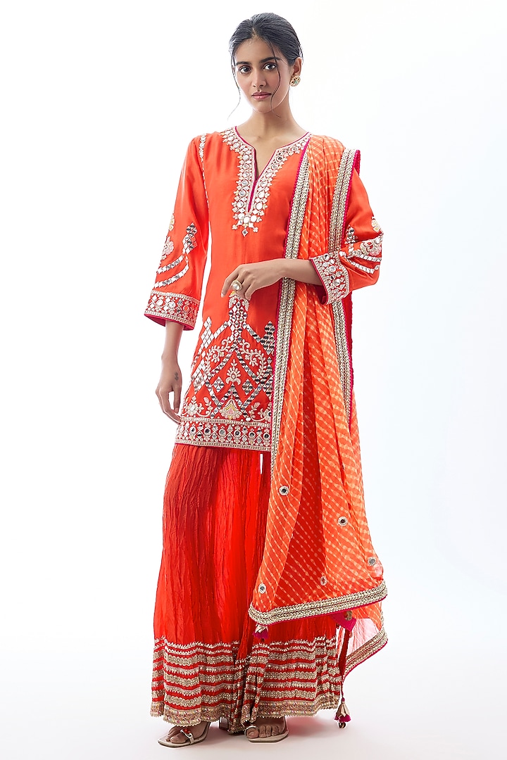 Orange Raw Silk Embroidered Wedding Sharara Set by GOPI VAID at Pernia's Pop Up Shop