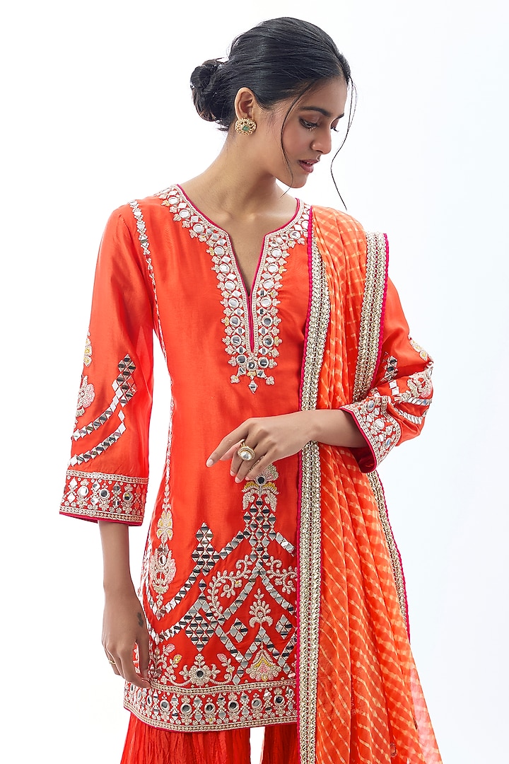 Orange Raw Silk Embroidered Wedding Sharara Set by GOPI VAID at Pernia's Pop Up Shop
