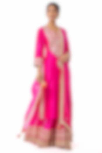 Pink Raw Silk Embroidered Wedding Sharara Set by GOPI VAID at Pernia's Pop Up Shop