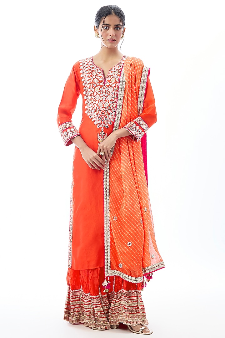 Orange Raw Silk Embroidered Wedding Sharara Set by GOPI VAID at Pernia's Pop Up Shop
