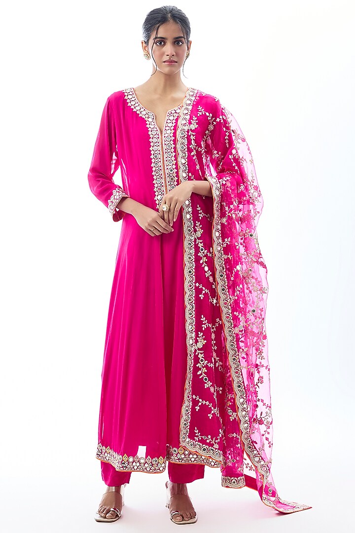 Pink Georgette Embroidered Wedding Anarkali Set by GOPI VAID at Pernia's Pop Up Shop