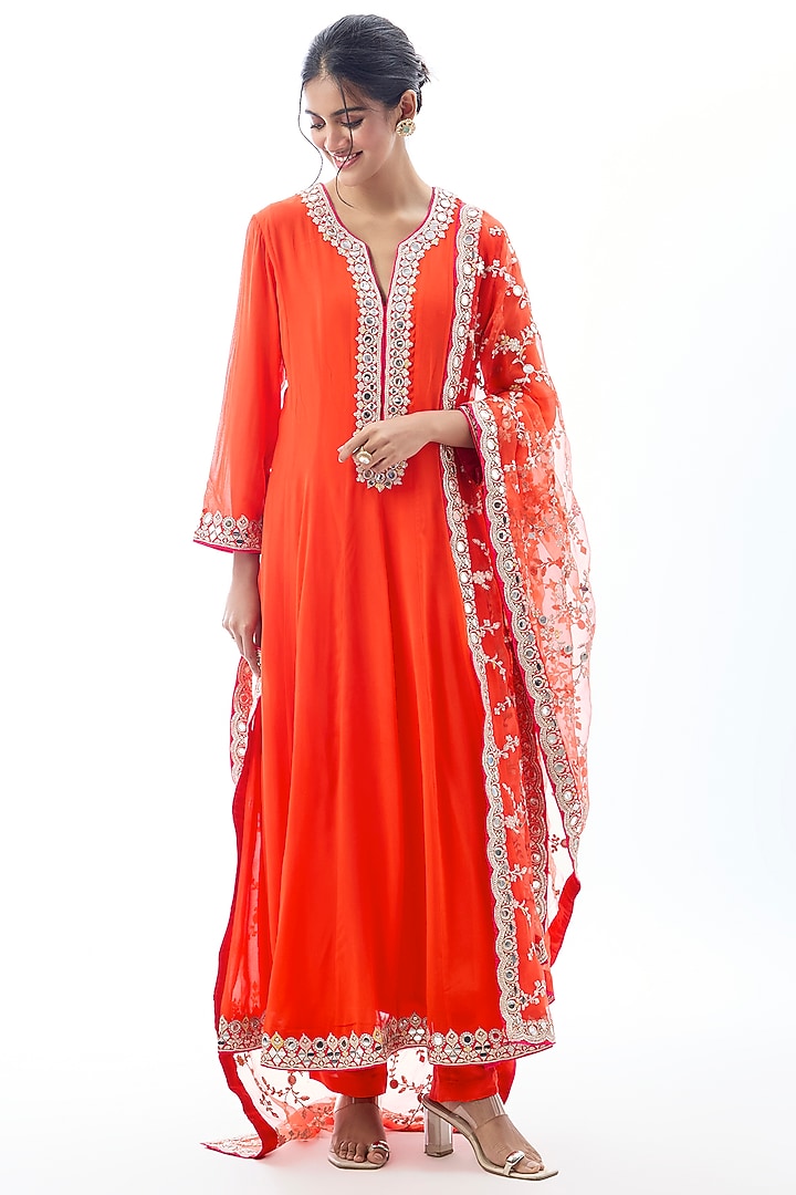 Orange Georgette Embroidered Wedding Anarkali Set by GOPI VAID at Pernia's Pop Up Shop