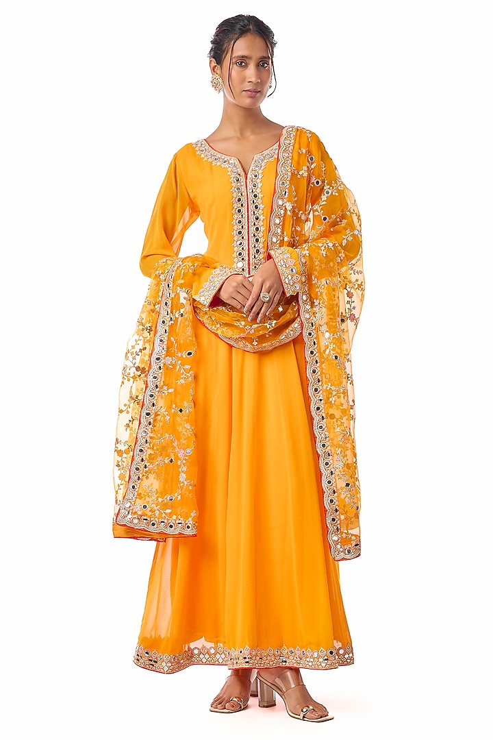 Yellow Georgette Embroidered Wedding Anarkali Set by GOPI VAID at Pernia's Pop Up Shop