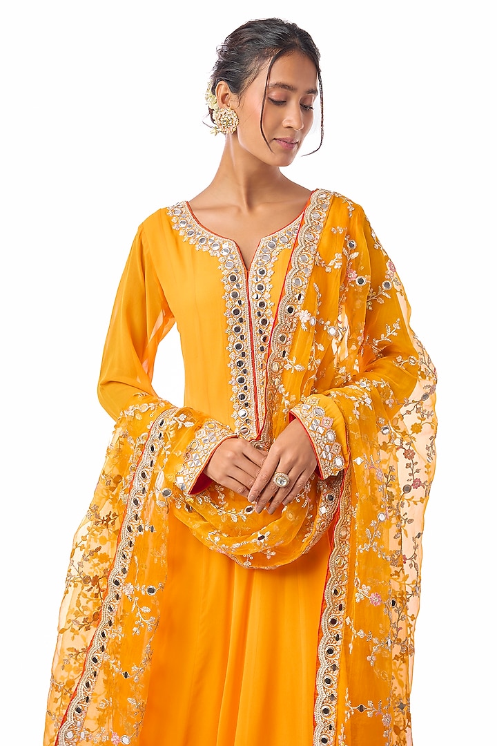 Yellow Georgette Embroidered Wedding Anarkali Set by GOPI VAID at Pernia's Pop Up Shop