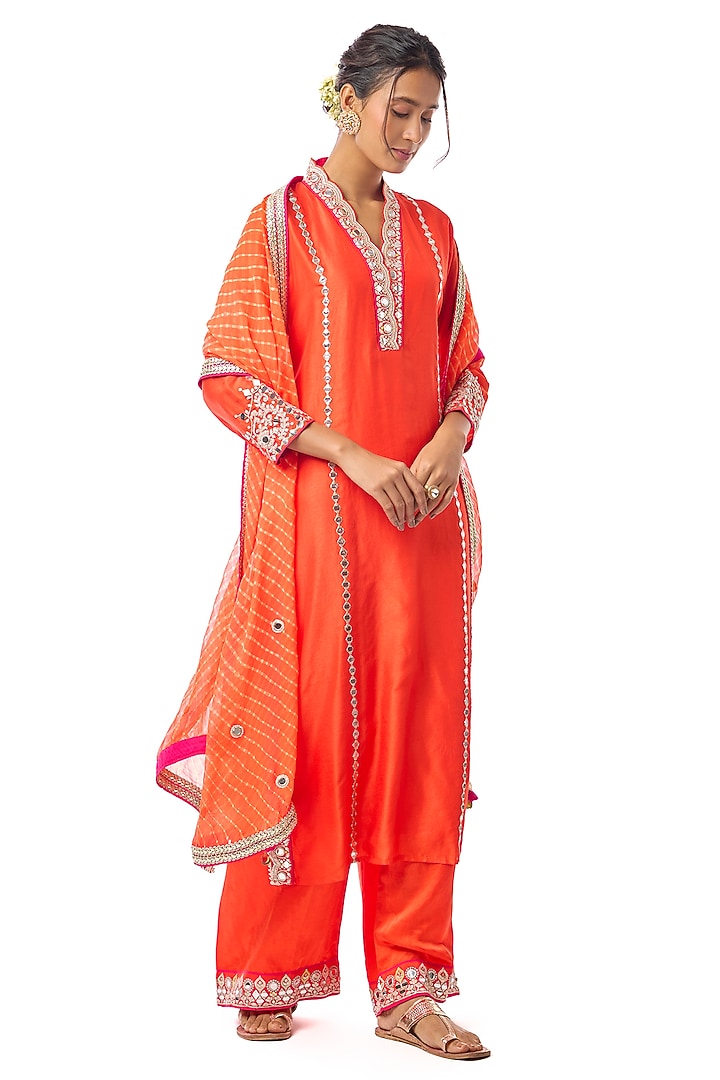 Orange Tussar Embroidered Kurta Set by GOPI VAID at Pernia's Pop Up Shop