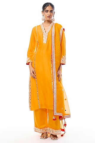 Yellow Tussar Mirror Embroidered Kurta Set by GOPI VAID