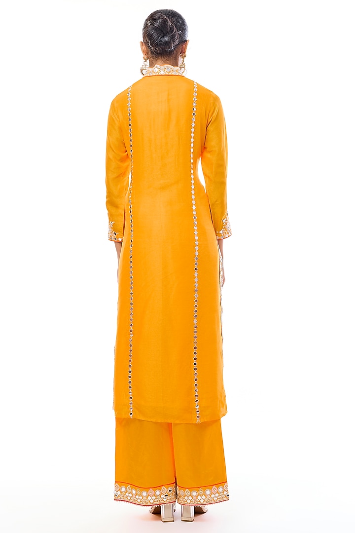 Yellow Tussar Mirror Embroidered Kurta Set by GOPI VAID at Pernia's Pop Up Shop