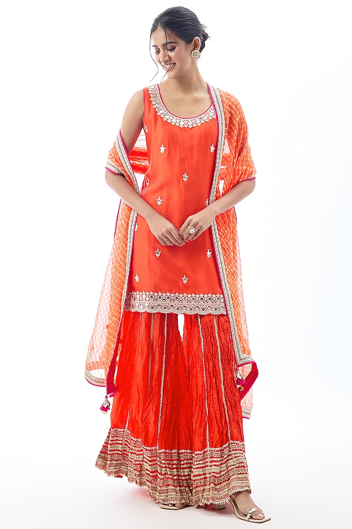 Orange Raw Silk Embroidered Wedding Sharara Set by GOPI VAID at Pernia's Pop Up Shop
