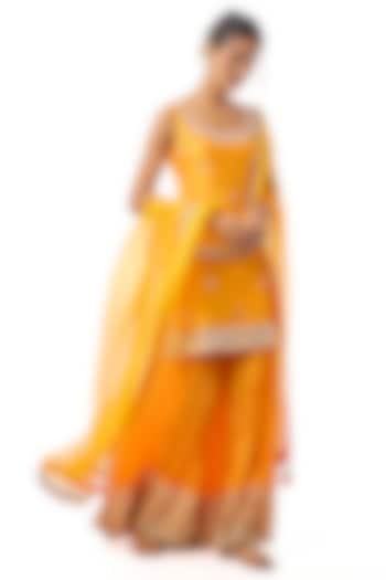 Yellow Raw Silk Embroidered Wedding Sharara Set by GOPI VAID at Pernia's Pop Up Shop