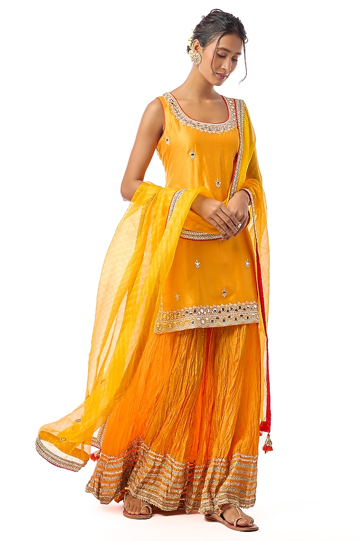 Yellow Raw Silk Embroidered Wedding Sharara Set by GOPI VAID at Pernia's Pop Up Shop